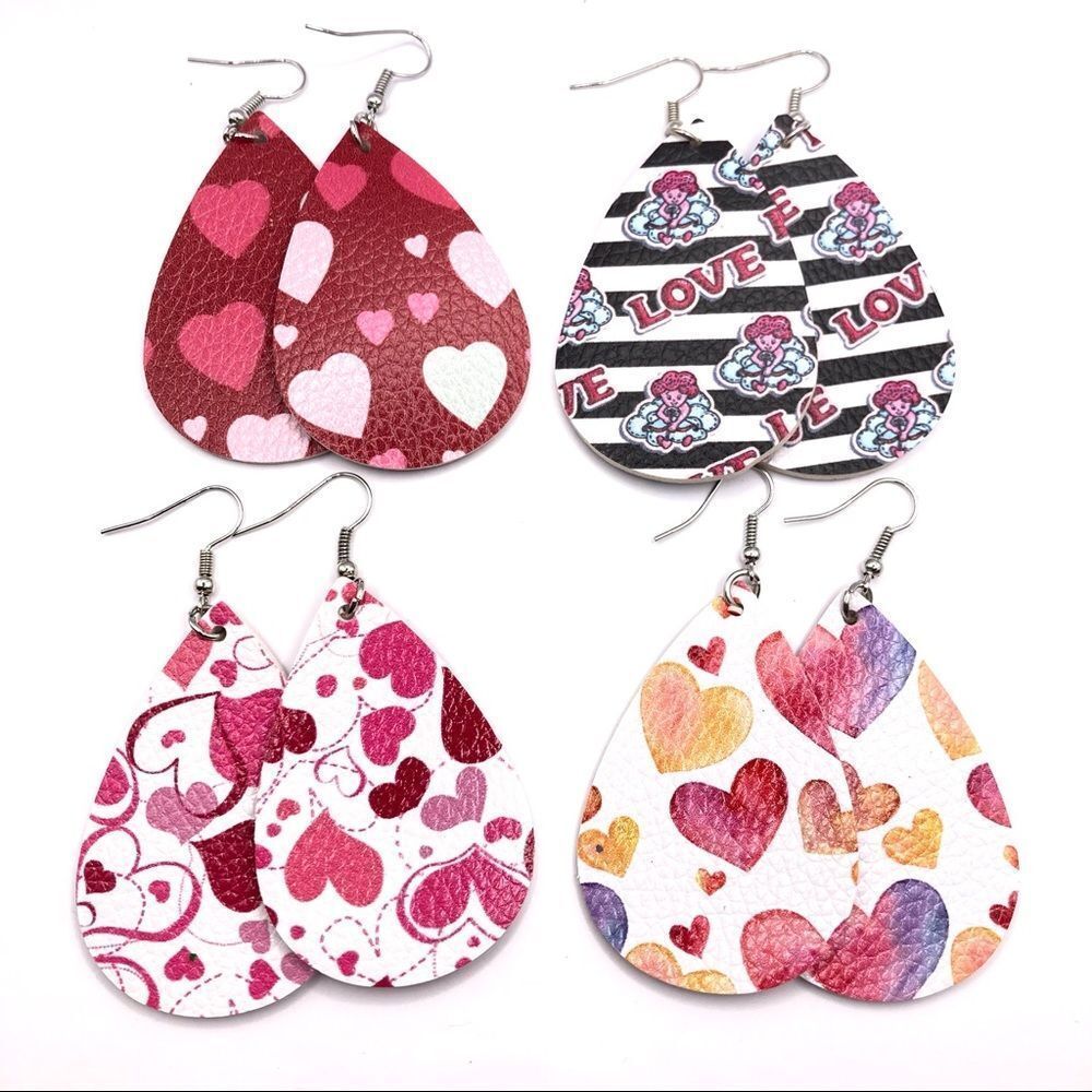 Set of 4 love faux leather hook earrings